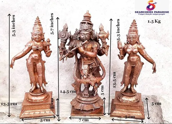 Brownish-Orange_Copper_Idols_Of_God_Venugopala_Swamy_With_Sridevi_And_Bhudevi,_5.7_Inches,_1.5_Kg,_Patina_Antique_Finish,_Pack_Of_3_Piece