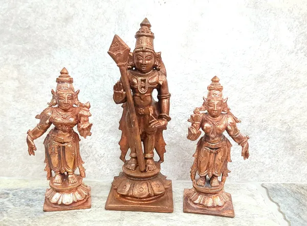 Brownish-Orange_Copper_Idols_Of_God_Murugar_With_Valli_And_Deivanani_By_Searchers_Paradise,_4.5_Inches,_630,_Patina_Antique_Finish,_Pack_Of_3_Piece