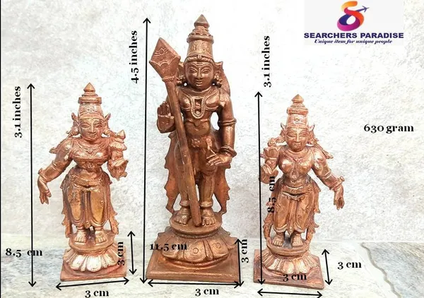 Brownish-Orange_Copper_Idols_Of_God_Murugar_With_Valli_And_Deivanani_By_Searchers_Paradise,_4.5_Inches,_630,_Patina_Antique_Finish,_Pack_Of_3_Piece