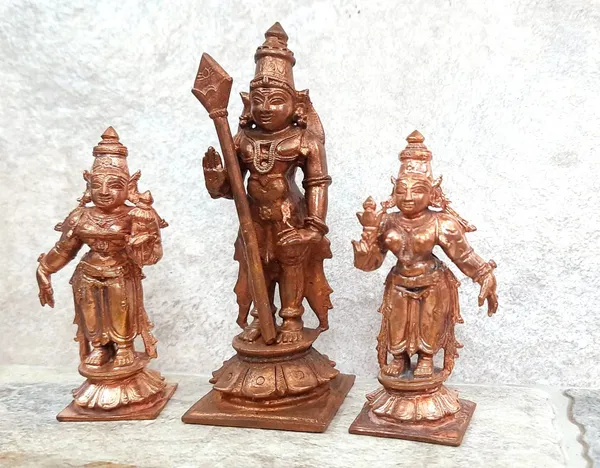 Brownish-Orange_Copper_Idols_Of_God_Murugar_With_Valli_And_Deivanani_By_Searchers_Paradise,_4.5_Inches,_630,_Patina_Antique_Finish,_Pack_Of_3_Piece