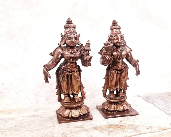 Brownish-Orange_Copper_Idols,_8._5_Cm,_Handmade_Goddess_Sridevi_Bhudevi_263_G,_Patina_Antique_Finish,_Pack_Of_2_Piece
