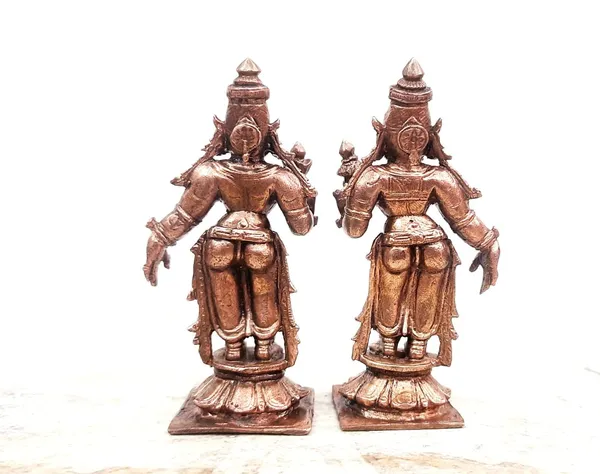 Brownish-Orange_Copper_Idols,_8._5_Cm,_Handmade_Goddess_Sridevi_Bhudevi_263_G,_Patina_Antique_Finish,_Pack_Of_2_Piece