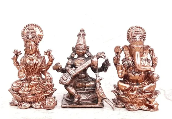 Brownish-Orange_Copper_Idols_Of_God_Lakshmi,_Saraswathi_And_Ganesh,_164G,_Patina_Antique_Finish,_Pack_Of_1_Piece
