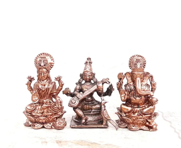 Brownish-Orange_Copper_Idols_Of_God_Lakshmi,_Saraswathi_And_Ganesh,_164G,_Patina_Antique_Finish,_Pack_Of_1_Piece