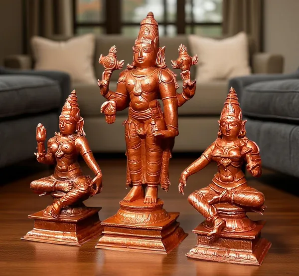 Brownish-Orange_Copper_Idols_Of_God_Srinivasa_Perumal_With_Sridevi_And_Bhudevi_By_Searchers_Paradise,_6.2_Inches,_1.635_Kg,_Patina_Antique_Finish,_Pack_Of_3_Piece