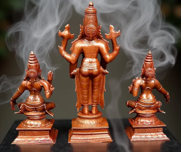 Brownish-Orange_Copper_Idols_Of_God_Srinivasa_Perumal_With_Sridevi_And_Bhudevi_By_Searchers_Paradise,_6.2_Inches,_1.635_Kg,_Patina_Antique_Finish,_Pack_Of_3_Piece