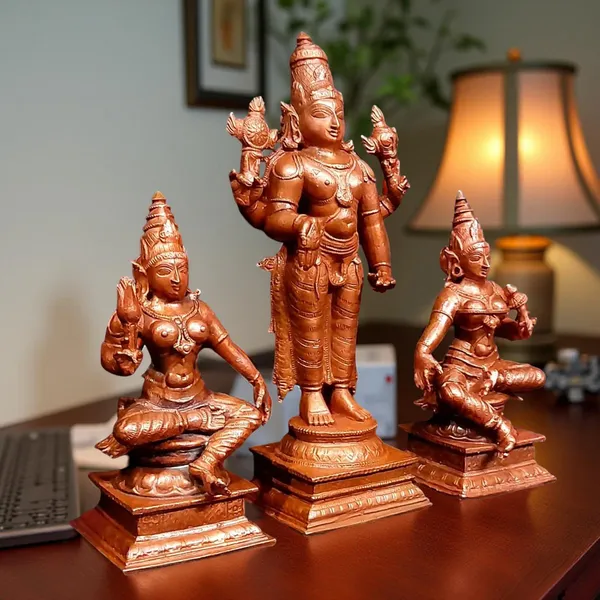 Brownish-Orange_Copper_Idols_Of_God_Srinivasa_Perumal_With_Sridevi_And_Bhudevi_By_Searchers_Paradise,_6.2_Inches,_1.635_Kg,_Patina_Antique_Finish,_Pack_Of_3_Piece