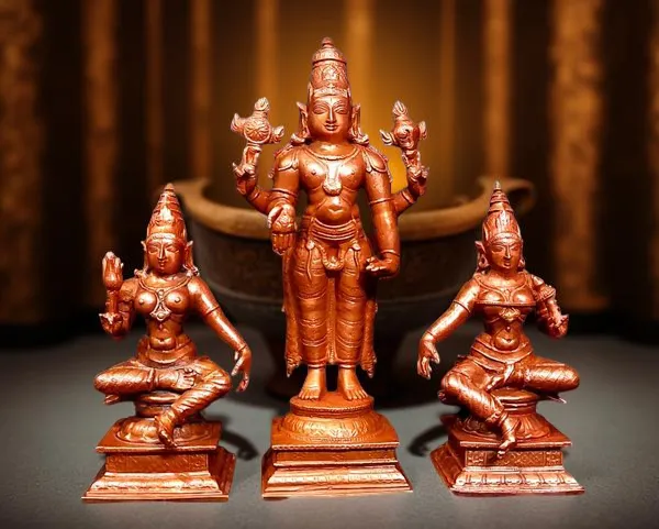 Brownish-Orange_Copper_Idols_Of_God_Srinivasa_Perumal_With_Sridevi_And_Bhudevi_By_Searchers_Paradise,_6.2_Inches,_1.635_Kg,_Patina_Antique_Finish,_Pack_Of_3_Piece