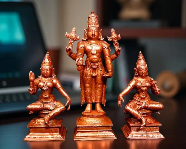 Brownish-Orange_Copper_Idols_Of_God_Srinivasa_Perumal_With_Sridevi_And_Bhudevi_By_Searchers_Paradise,_6.2_Inches,_1.635_Kg,_Patina_Antique_Finish,_Pack_Of_3_Piece