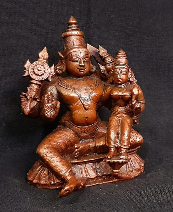 Brownish-Orange_Copper_Idols_Of_God_Perumal_With_Lakshmi_Idol,_4_Inches,_684G,_Patina_Antique_Finish,_Pack_Of_1_Piece