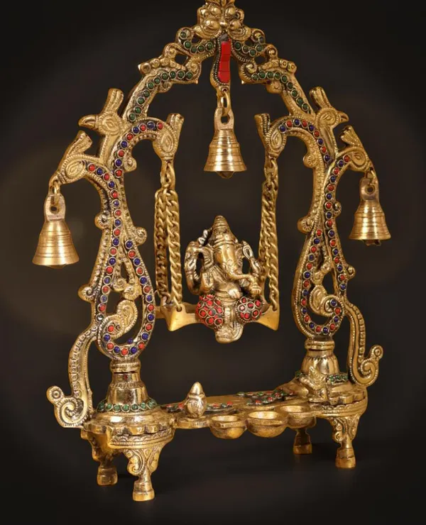 Searchers_Paradise_Brass_Ganesha_Swing_Statue_Diya_with_Bell_Frame_Home_Decor_14_inches_pack_of_1_Piece