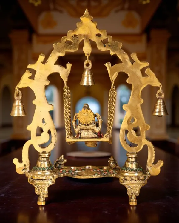 Searchers_Paradise_Brass_Ganesha_Swing_Statue_Diya_with_Bell_Frame_Home_Decor_14_inches_pack_of_1_Piece