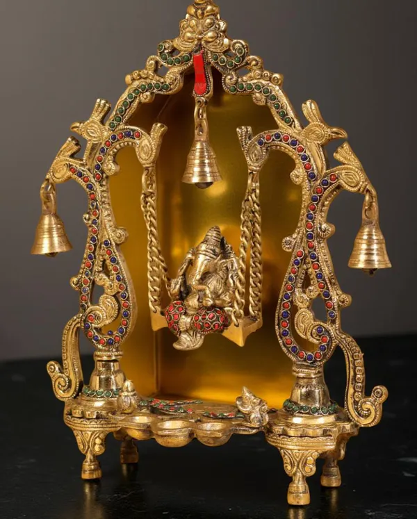 Searchers_Paradise_Brass_Ganesha_Swing_Statue_Diya_with_Bell_Frame_Home_Decor_14_inches_pack_of_1_Piece