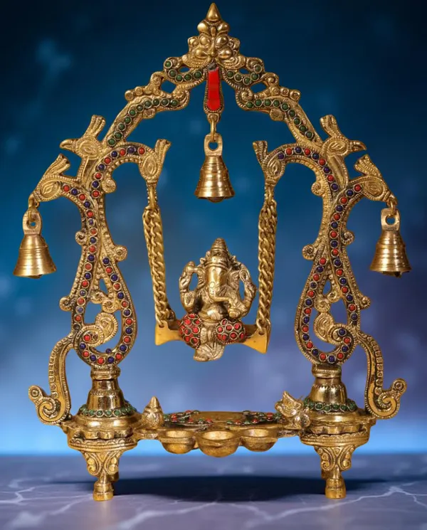 Searchers_Paradise_Brass_Ganesha_Swing_Statue_Diya_with_Bell_Frame_Home_Decor_14_inches_pack_of_1_Piece