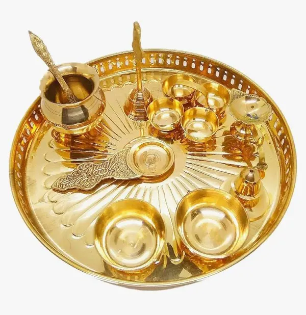 Searchers_Paradise_Pure_Brass_Pooja_Thali_Set_of_10_|_Set_of_1_Thali,_1_Ghanti,_1_Pooja_Aarti,_1_Pali,_2_Wati,_1_Kalash,_1_Chaumukha,_1_Incense_Burner,_and_1_Kapoor_Aarti