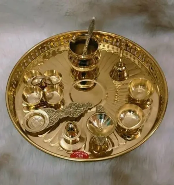 Searchers_Paradise_Pure_Brass_Pooja_Thali_Set_of_10_|_Set_of_1_Thali,_1_Ghanti,_1_Pooja_Aarti,_1_Pali,_2_Wati,_1_Kalash,_1_Chaumukha,_1_Incense_Burner,_and_1_Kapoor_Aarti