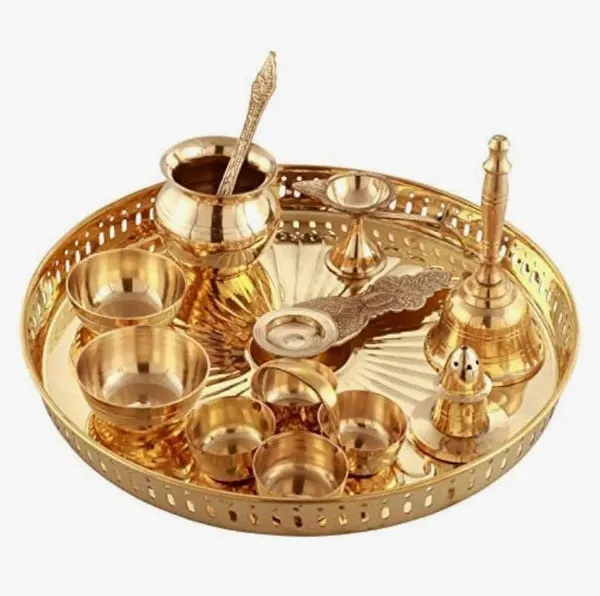 Searchers_Paradise_Pure_Brass_Pooja_Thali_Set_of_10_|_Set_of_1_Thali,_1_Ghanti,_1_Pooja_Aarti,_1_Pali,_2_Wati,_1_Kalash,_1_Chaumukha,_1_Incense_Burner,_and_1_Kapoor_Aarti