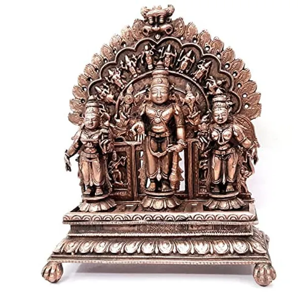 Brownish-Orange_Copper_Idols_Of_God_Srinivasa_Perumal_With_Sridevi_And_Bhudevi_With_Dasavadhara_Prabhavali_By_Searchers_Paradise,_7.2_Inches,_1.82_Kg,_Patina_Antique_Finish,_Pack_Of_4_Piece
