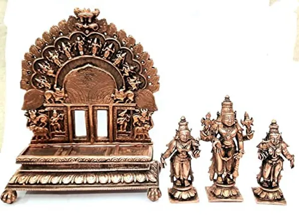 Brownish-Orange_Copper_Idols_Of_God_Srinivasa_Perumal_With_Sridevi_And_Bhudevi_With_Dasavadhara_Prabhavali_By_Searchers_Paradise,_7.2_Inches,_1.82_Kg,_Patina_Antique_Finish,_Pack_Of_4_Piece