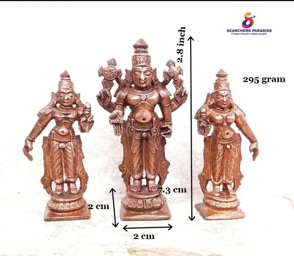 Brownish-Orange_Copper_Idols_Of_God_Srinivasa_Perumal_With_Sridevi_And_Bhudevi,_7.3_Cm,_200_G,_Patina_Antique_Finish,_Pack_Of_1_Piece