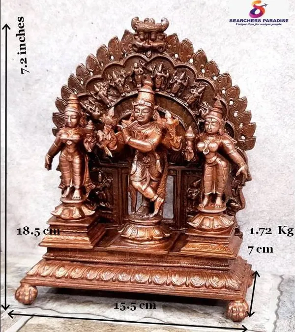 Brownish-Orange_Copper_Idols_Of_God_Venugopala_With_Sridevi_And_Bhudevi_With_Dasavadhara_Prabhavali,_7.2_Inches,_1.72_Kg,_Patina_Antique_Finish,_Pack_Of_4_Piece