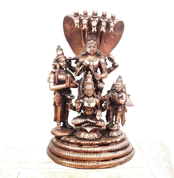 Brownish-Orange_Copper_Idols,_19_Cm,_Handmade_Sitting_Lakshmi_Narayana_With_Mahalakshmi,_Adhiseha,_Garuda,_Naradha_2.223_Kg,_Patina_Antique_Finish,_Pack_Of_1_Piece