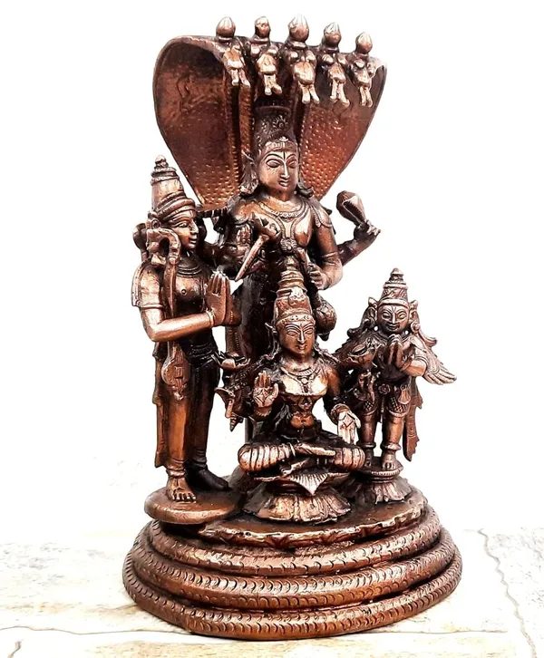 Brownish-Orange_Copper_Idols,_19_Cm,_Handmade_Sitting_Lakshmi_Narayana_With_Mahalakshmi,_Adhiseha,_Garuda,_Naradha_2.223_Kg,_Patina_Antique_Finish,_Pack_Of_1_Piece