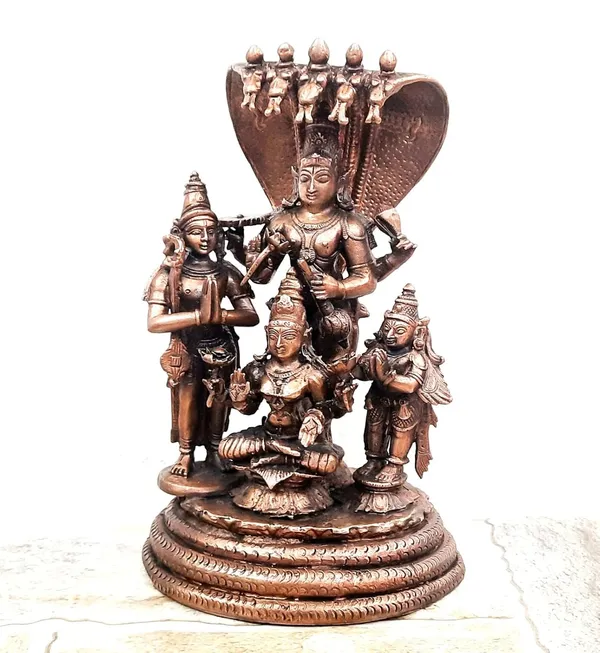 Brownish-Orange_Copper_Idols,_19_Cm,_Handmade_Sitting_Lakshmi_Narayana_With_Mahalakshmi,_Adhiseha,_Garuda,_Naradha_2.223_Kg,_Patina_Antique_Finish,_Pack_Of_1_Piece
