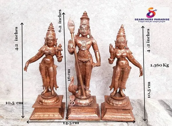 Brownish-Orange_Copper_Idols_Of_God_Murugar_With_Valli_And_Deivanani,_6.2_Inches,_1.36_Kg,_Patina_Antique_Finish,_Pack_Of_3_Piece
