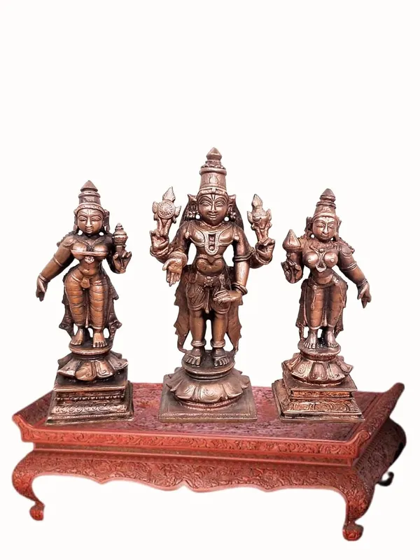 Brownish-Orange_Copper_Idols_Of_God_Srinivasa_Perumal_With_Sridevi_And_Bhudevi,_4.7_Inches,_720G,_Patina_Antique_Finish,_Pack_Of_3_Piece