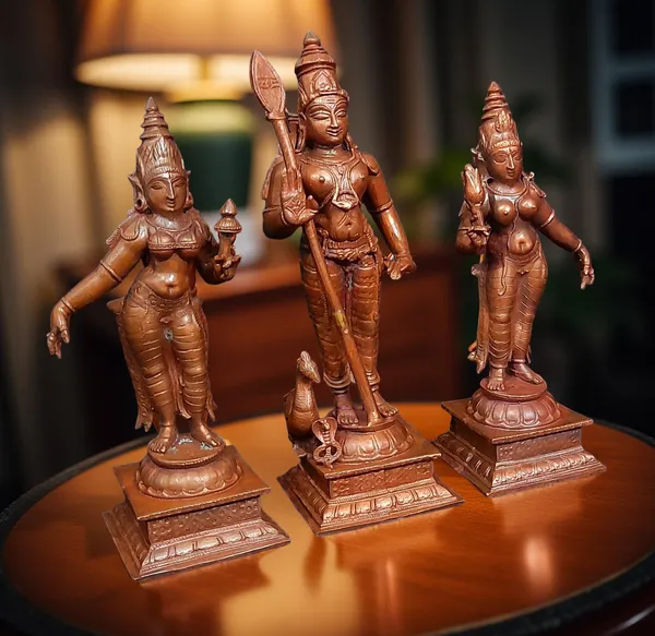 Brownish-Orange_Copper_Idols_Of_God_Murugar_With_Valli_And_Deivanani,_6.2_Inches,_1.36_Kg,_Patina_Antique_Finish,_Pack_Of_3_Piece