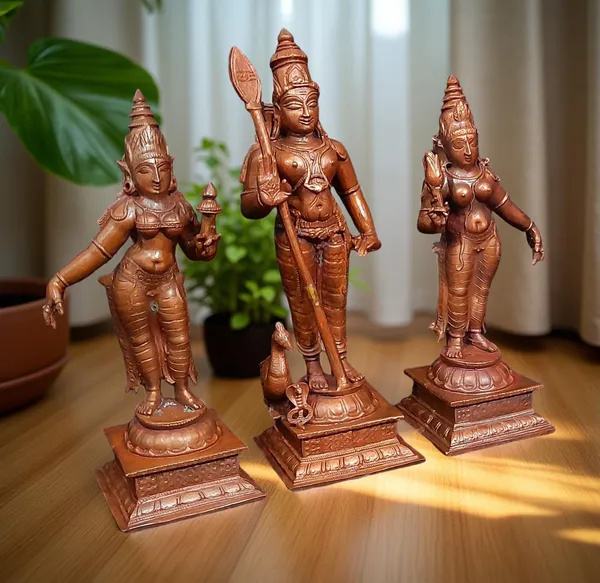 Brownish-Orange_Copper_Idols_Of_God_Murugar_With_Valli_And_Deivanani,_6.2_Inches,_1.36_Kg,_Patina_Antique_Finish,_Pack_Of_3_Piece