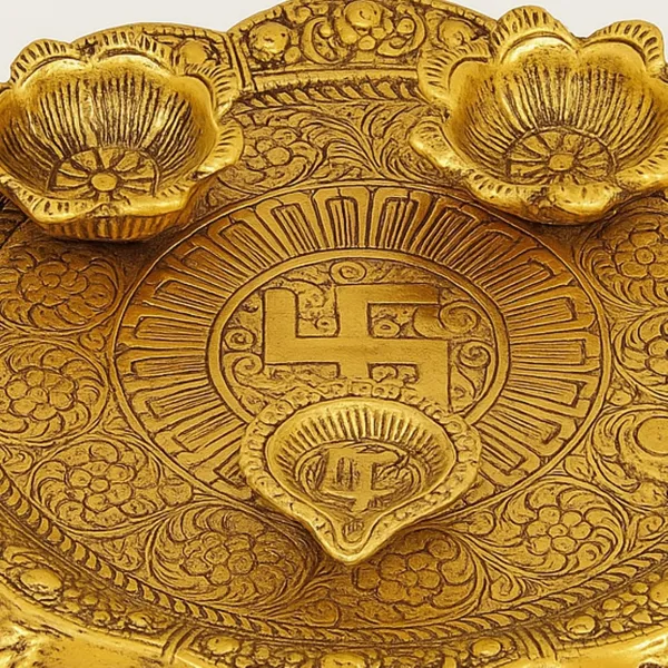 Antique_Finish_Brass_Pooja_Thali_with_Diyas_â€“_Swastik_Design