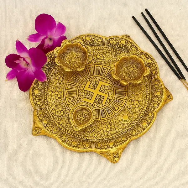 Antique_Finish_Brass_Pooja_Thali_with_Diyas_â€“_Swastik_Design