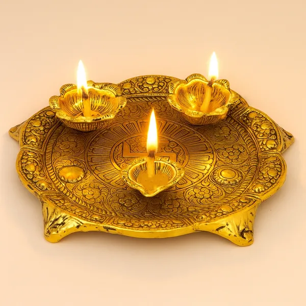 Antique_Finish_Brass_Pooja_Thali_with_Diyas_â€“_Swastik_Design