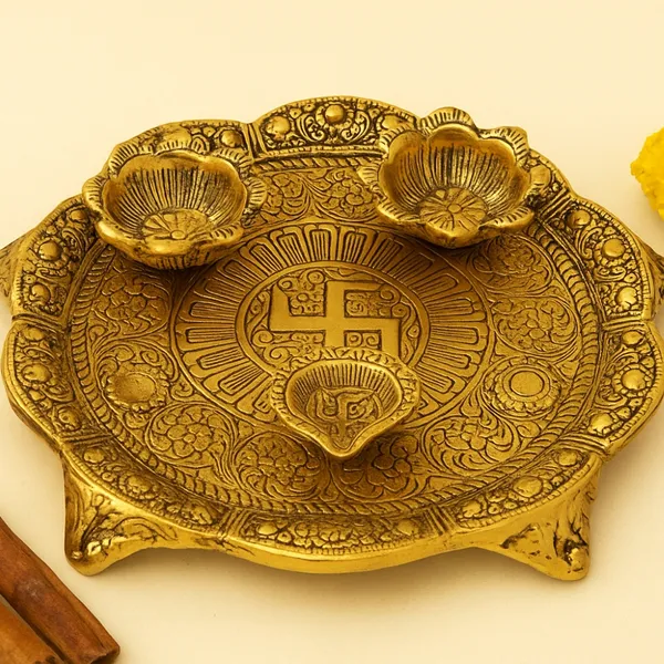 Antique_Finish_Brass_Pooja_Thali_with_Diyas_â€“_Swastik_Design