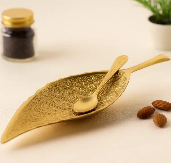 Golden_Leaf_Pattern_Serving_Plate_with_Matching_Spoon