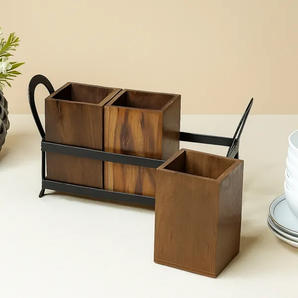 Wooden_Cutlery_Holder_For_Dining_Table_With_3_Wooden_Jars_And_Iron_Stand