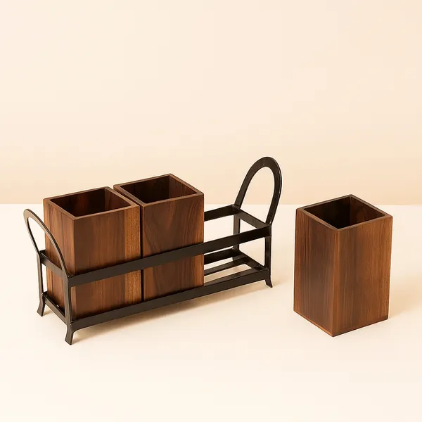 Wooden_Cutlery_Holder_For_Dining_Table_With_3_Wooden_Jars_And_Iron_Stand