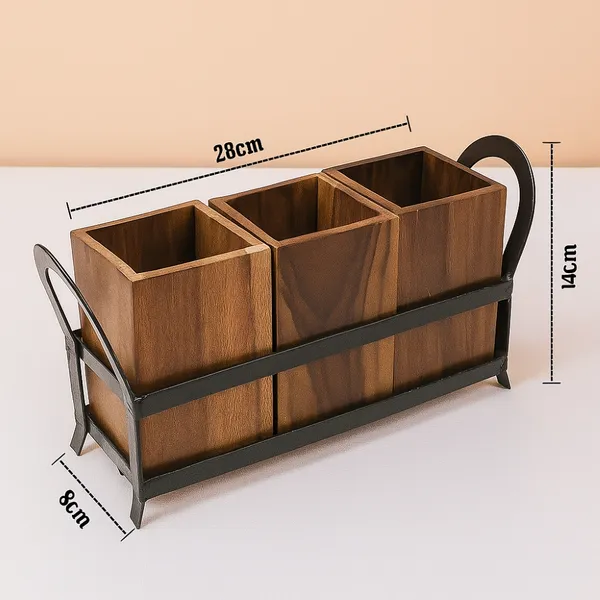 Wooden_Cutlery_Holder_For_Dining_Table_With_3_Wooden_Jars_And_Iron_Stand