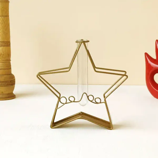 Starshaped_Golden_Metal_Flower_Vase_With_Transparent_Glass_Tube_For_Home_And_Office_Decor