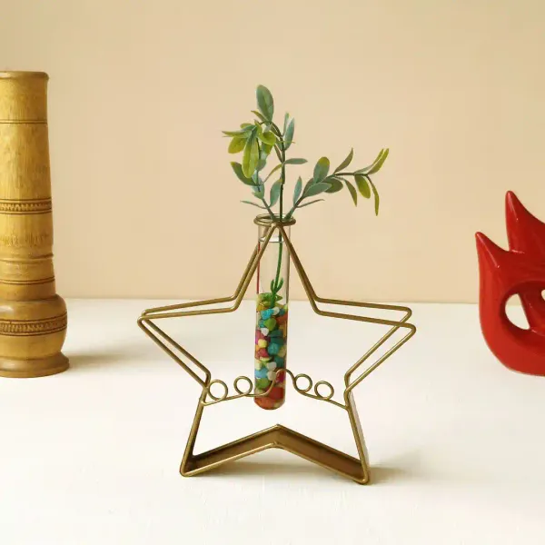 Starshaped_Golden_Metal_Flower_Vase_With_Transparent_Glass_Tube_For_Home_And_Office_Decor