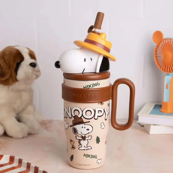 Snoopy_Insulated_Tumbler_with_Straw_&_Handle_|_Cute_Cartoon_Travel_Mug_|_Brown_&_Red
