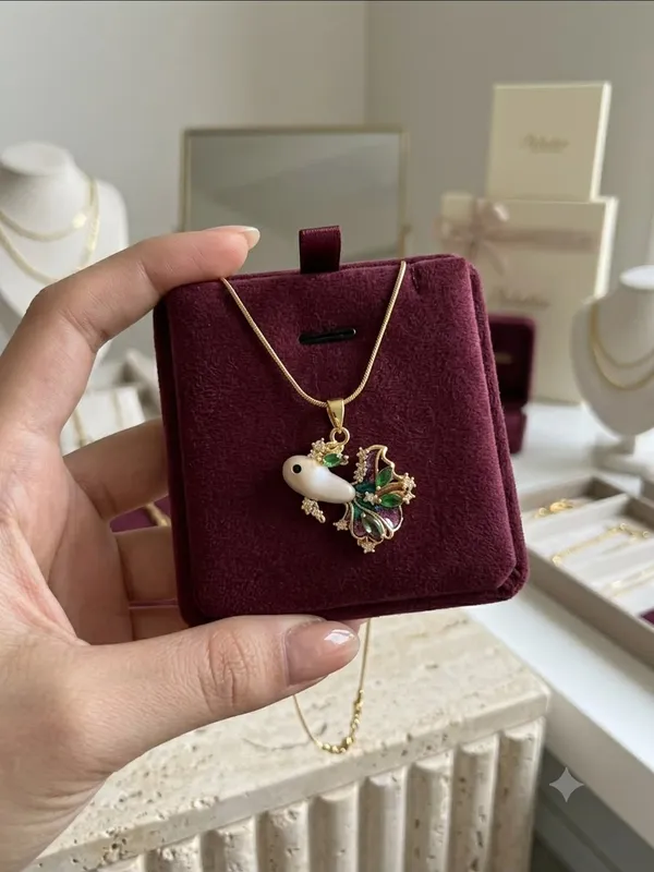 Gold_Bird_&_Green_Floral_Enamel_Pendant_Necklace_Anti_Tarnish_18k_gold_plated