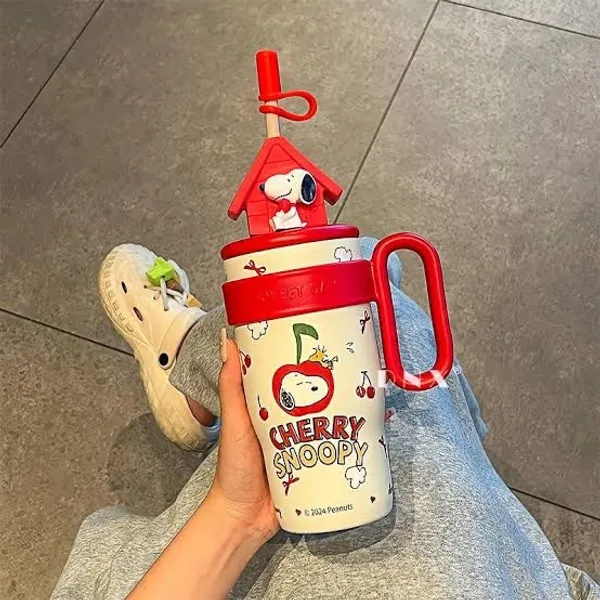 Snoopy_Insulated_Tumbler_with_Straw_&_Handle_|_Cute_Cartoon_Travel_Mug_|_Brown_&_Red