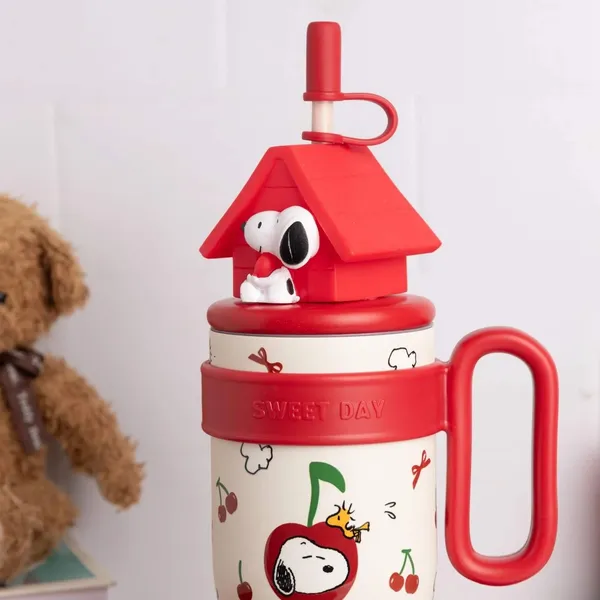 Snoopy_Insulated_Tumbler_with_Straw_&_Handle_|_Cute_Cartoon_Travel_Mug_|_Brown_&_Red