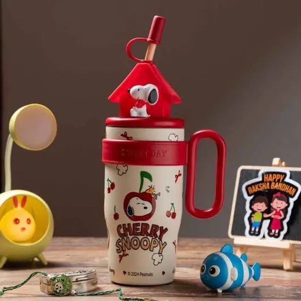 Snoopy_Insulated_Tumbler_with_Straw_&_Handle_|_Cute_Cartoon_Travel_Mug_|_Brown_&_Red