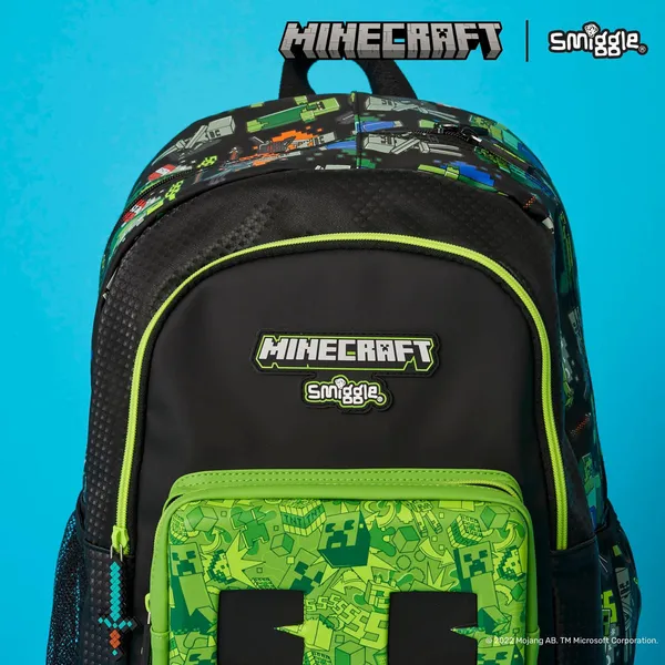 Smiggle_Vibe_16"_Classic_Backpack_3-Compartment_Premium_School_Bag_Laptop_Sleeve_+_Dual_Bottle_Holders_Minecraft