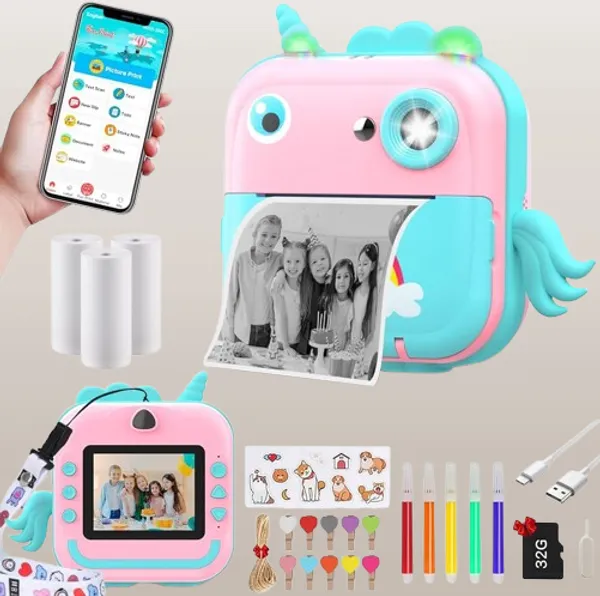 UNICORN_PINK_BLUE_Kids_Print_Camera_Zero-Ink_Kids_Instant_Camera_Hd_Video_+_Print_&_Play_Selfie_Mode_With_Thermal_Paper_&_Silicone_Ring