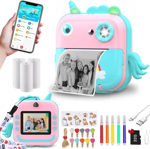 UNICORN_PINK_BLUE_Kids_Print_Camera_Zero-Ink_Kids_Instant_Camera_Hd_Video_+_Print_&_Play_Selfie_Mode_With_Thermal_Paper_&_Silicone_Ring
